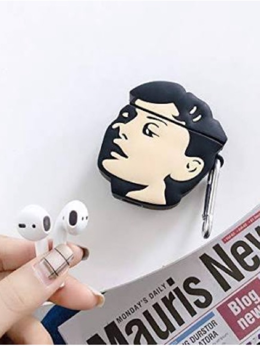 Audrey Hepburn Silicone Earbud Case with Carabiner - Black & Cream